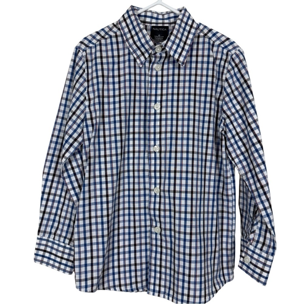 Nautica Boys Blue Black Color Plaid Long Sleeve Button Down Shirt Size 6 Regular